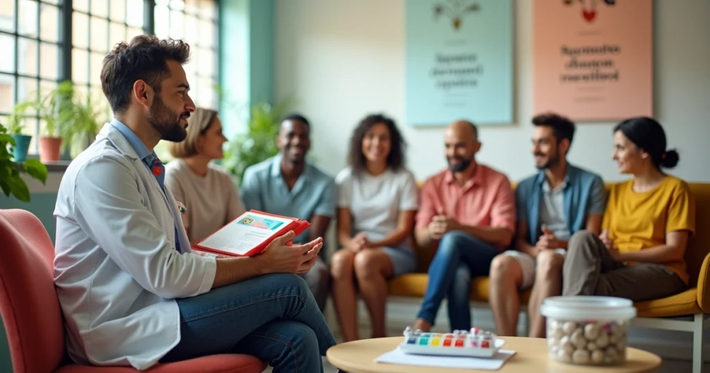 Profissional de saúde conversa com grupo diverso sobre PrEP em sala de espera colorida