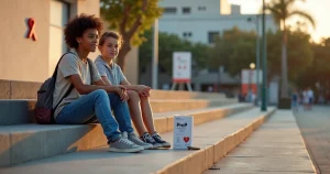 Dois adolescentes sentados em degraus ao ar livre conversando sobre cuidados com HIV