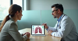 Médico explicando clarificações sobre doenças respiratórias para adulto em consulta