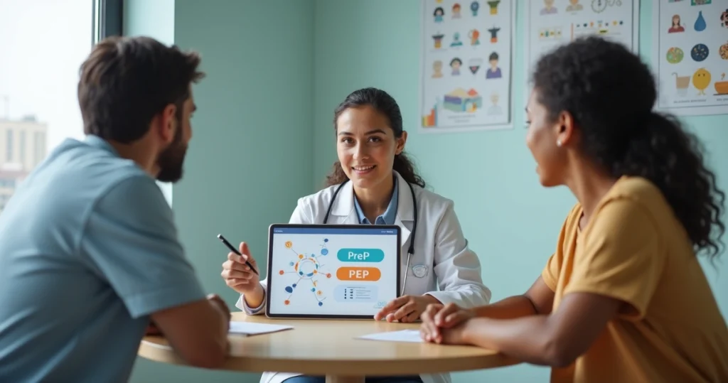Profissional de saúde explicando PrEP e PEP em tablet para duas pessoas em clínica