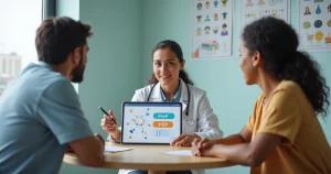 Profissional de saúde explicando PrEP e PEP em tablet para duas pessoas em clínica