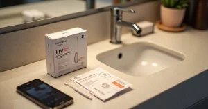 Autoteste de HIV e instruções dispostos sobre balcão de banheiro