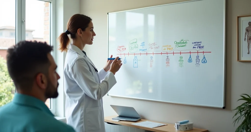 Profissional de saúde marca em quadro linha do tempo de avaliação PEP e PrEP