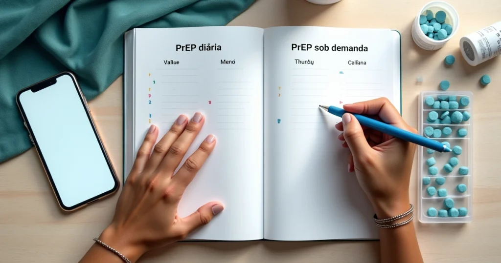 Mão juvenil marca comprimidos de PrEP em calendário com opção diária e sob demanda