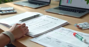 Pessoa anota consultas de PrEP em calendário ao lado de exames de sangue