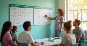 Profissional de saúde aponta calendário colorido com datas de testagem de ISTs