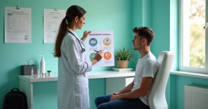 Profissional de saúde mostra cartaz colorido de vacinação para pessoa em PrEP em consultório moderno