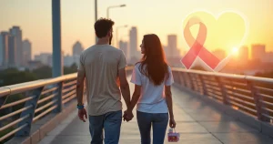 Casal caminhando de mãos dadas sobre ponte urbana com símbolo de proteção em fundo sutil