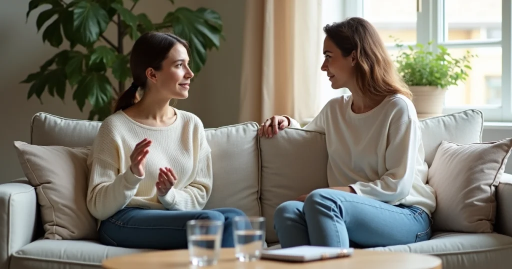 Casal sentado no sofá conversando com expressão calma e acolhedora