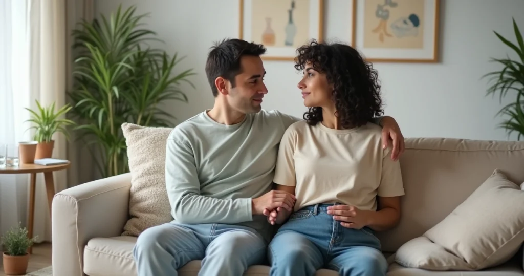 Casal conversando de forma acolhedora no sofá, demonstrando intimidade e respeito mútuo