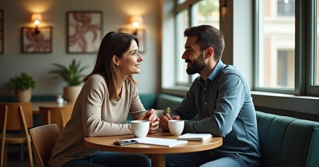 Casal sentado frente a frente em mesa de café discutindo com calma sua saúde sexual