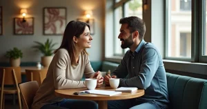 Casal sentado frente a frente em mesa de café discutindo com calma sua saúde sexual