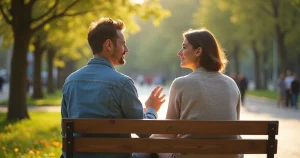 Casal conversa em banco de madeira em parque tranquilo