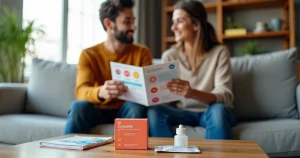 Casal jovem sentado no sofá conversando sobre sexo seguro com folheto de prevenção na mão