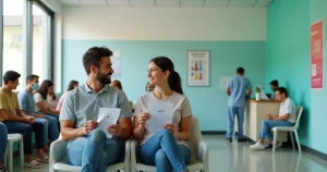 Casal em sala de espera de clínica segurando senha de atendimento para exames de ISTs