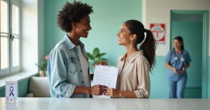 Casal jovem sorrindo em clínica segurando resultados de testes de ISTs