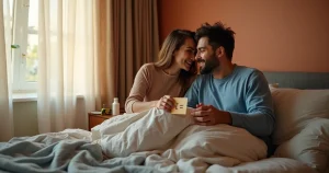 Casal adulto em quarto aconchegante demonstrando intimidade e afeto