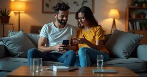 Casal sentado em sofá olhando tela de celular sobre testes de ISTs