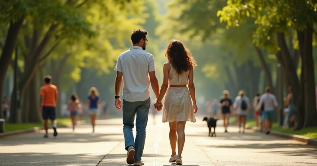 Casal sorridente caminhando de mãos dadas em parque ensolarado
