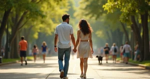Casal sorridente caminhando de mãos dadas em parque ensolarado