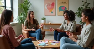 Grupo diverso sentado em círculo conversando sobre consentimento e limites