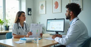 Paciente conversa com profissional de saúde em consultório durante acompanhamento da PrEP