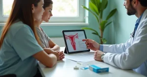 Casal jovem conversando com médico em consultório sobre infecção sexualmente transmissível