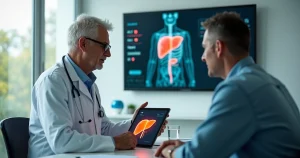 Médico aponta exames de fígado enquanto orienta paciente sobre sinais iniciais de hepatite viral