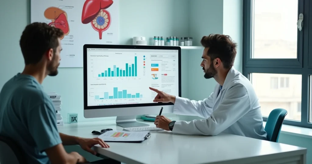 Profissional de saúde mostra gráfico de exames de hepatites para pessoa em uso de PrEP em consultório moderno