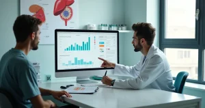 Profissional de saúde mostra gráfico de exames de hepatites para pessoa em uso de PrEP em consultório moderno