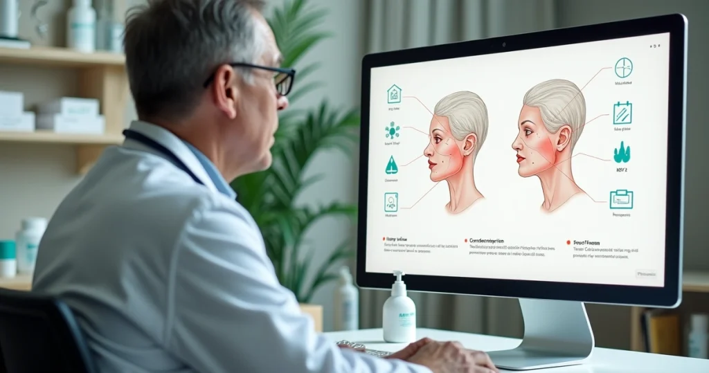 Paciente em consulta com infectologista analisando ilustrações discretas de herpes na tela do computador