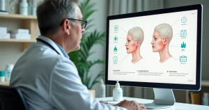 Paciente em consulta com infectologista analisando ilustrações discretas de herpes na tela do computador