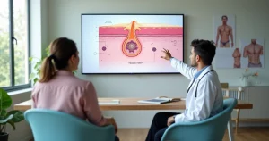 Paciente conversa com infectologista sobre herpes em consultório moderno