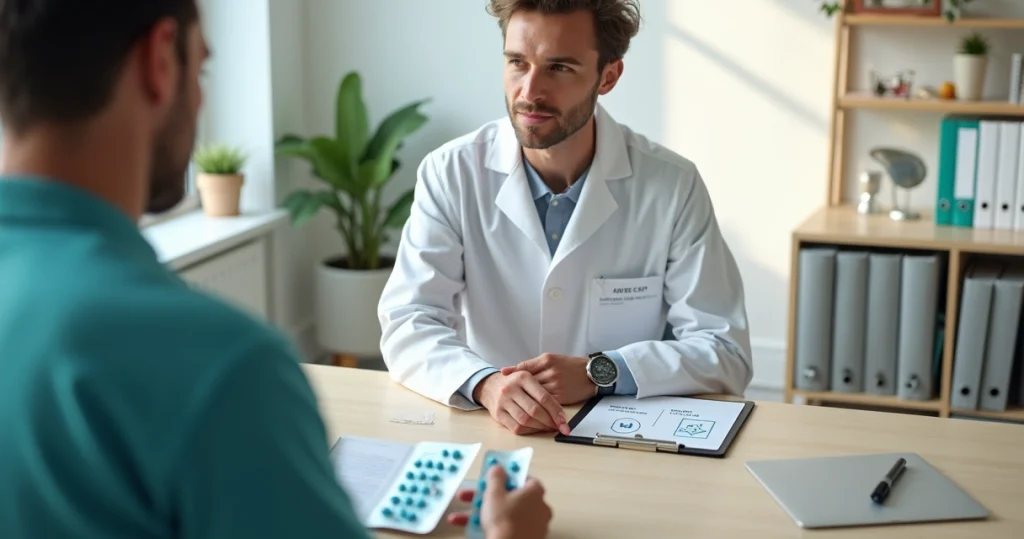 Pessoa conversa com médico ao avaliar interrupção da PrEP em consultório
