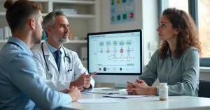 Médico e paciente conversam sobre PEP e prevenção do HIV em consultório moderno