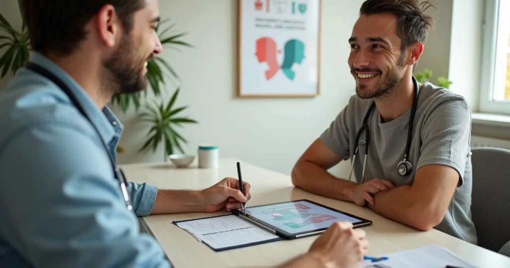Profissional de saúde e paciente conversam em consultório sobre prevenção ao HIV com tablet na mesa