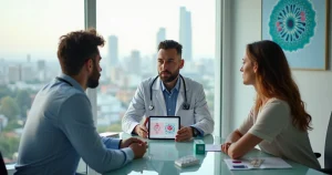 Médico explicando prevenção do HIV para jovem casal em consultório moderno