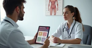 Profissional de saúde explicando em tablet sintomas de infecção aguda pelo HIV a paciente em consultório