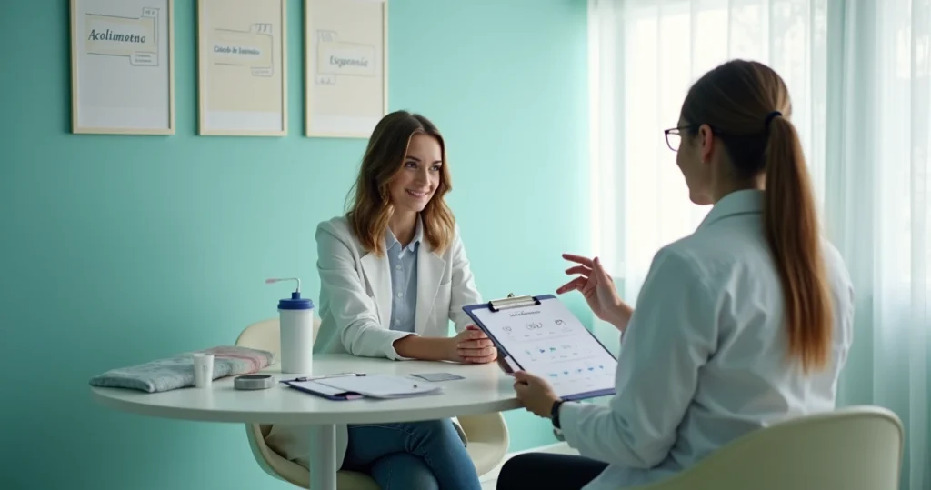 Paciente conversando com profissional de saúde antes de coleta de teste de IST