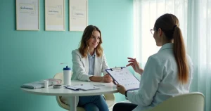 Paciente conversando com profissional de saúde antes de coleta de teste de IST