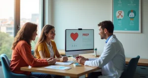 Casal conversando com médico sobre PrEP em consultório moderno