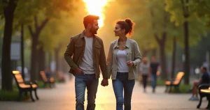 Casal caminhando em parque conversando seriamente lado a lado