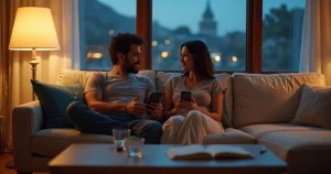 Casal em sofá moderno conversando sobre saúde sexual com clima acolhedor