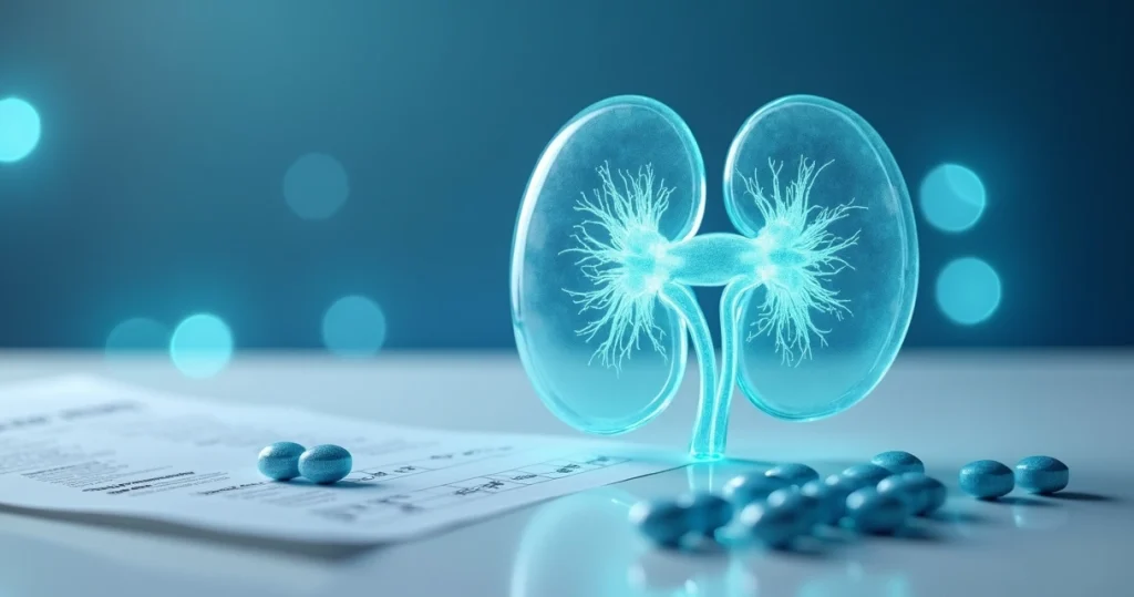 Ilustração realista de rins humanos e comprimidos de PrEP sobre fundo azul clínico