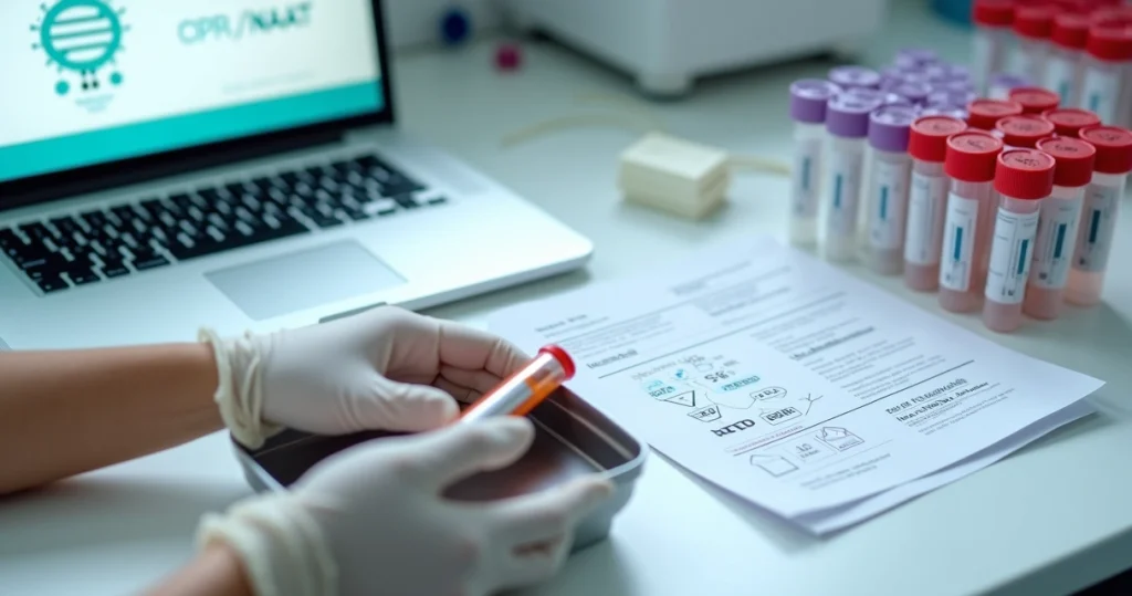 Profissional prepara tubo com swab para exame detalhado de herpes genital em bancada de laboratório