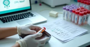 Profissional prepara tubo com swab para exame detalhado de herpes genital em bancada de laboratório
