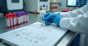Bancada de laboratório com frascos de coleta e formulário de exame de herpes