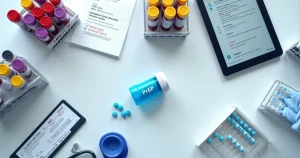 Hemogramas e testes laboratoriais variados organizados ao redor de comprimidos de PrEP