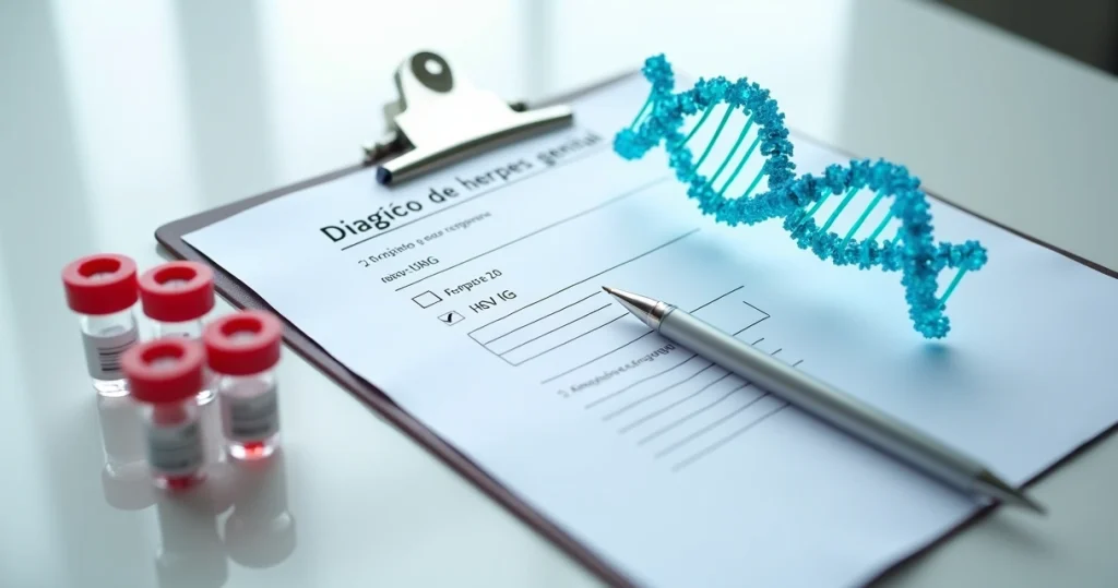 Mesa com exames de sangue e formulário sobre diagnóstico de herpes genital