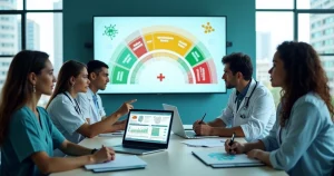 Equipe de saúde analisando painéis coloridos sobre riscos e prevenção do HIV
